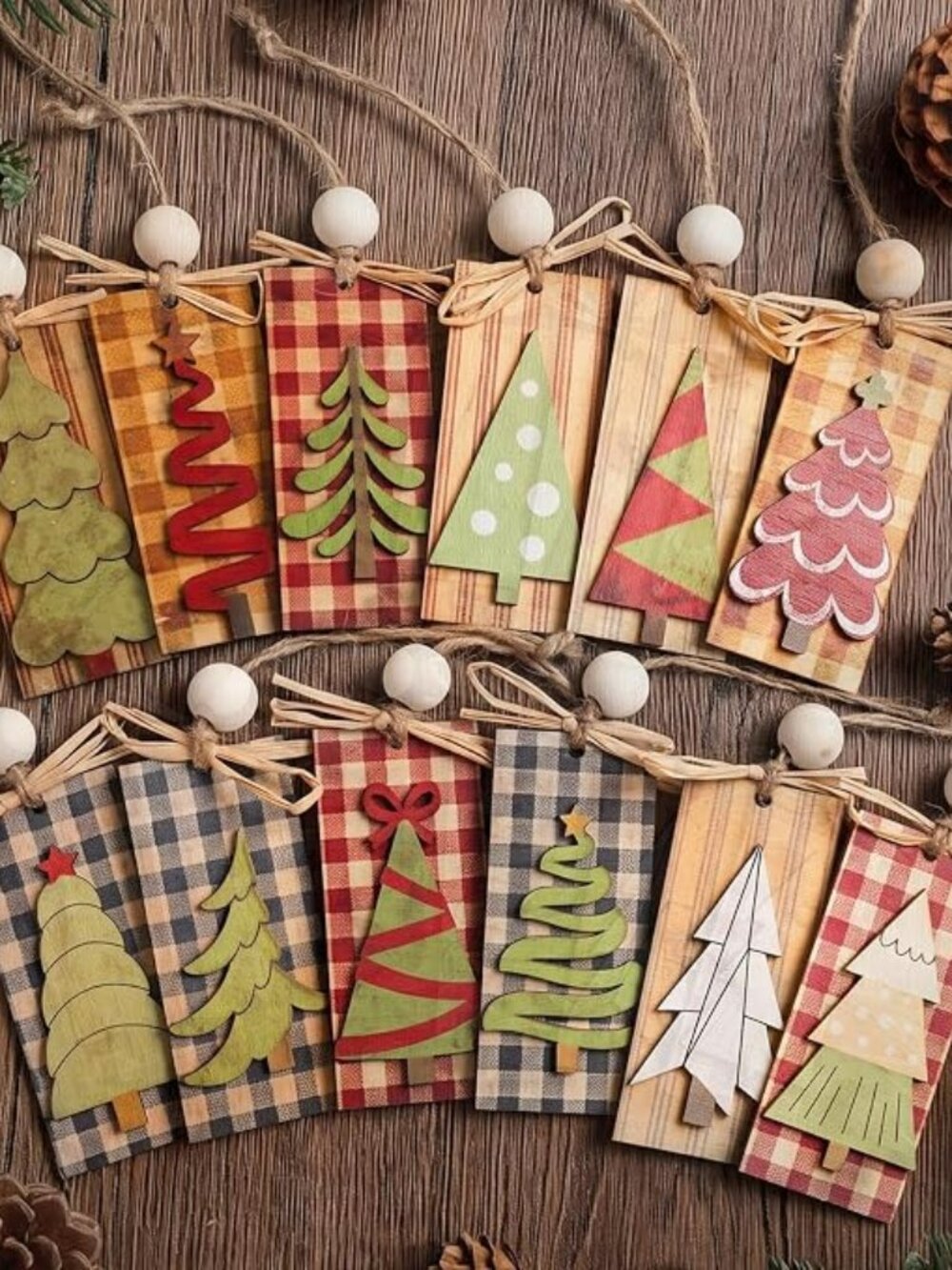 Pinkunn 12 Pcs Rustic Christmas Tree Ornaments Wood Primitive Plaid Decor